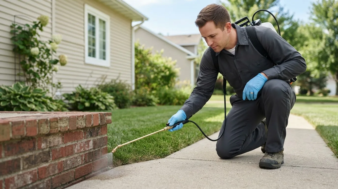 Pest control technician treating a home near Slater, MO