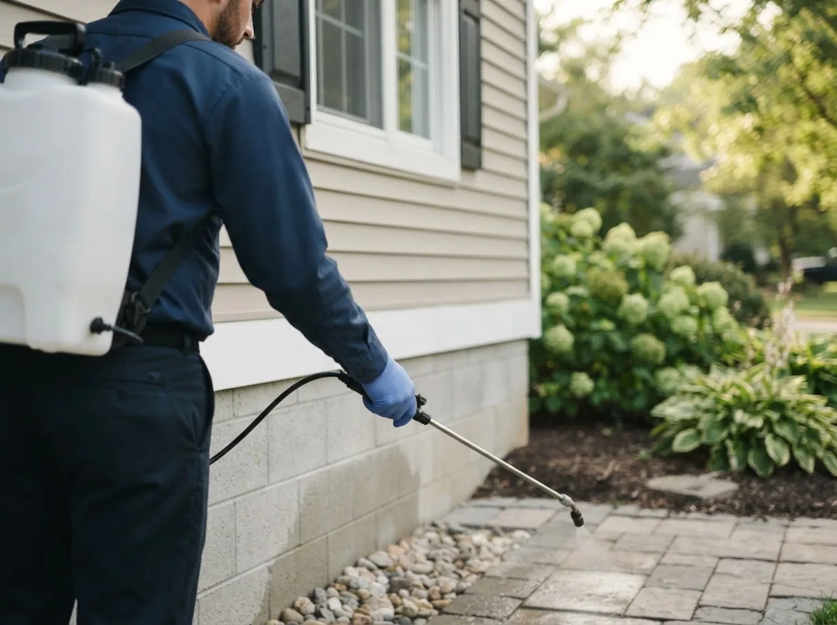 Pest control technician inspecting a home in Slater, MO